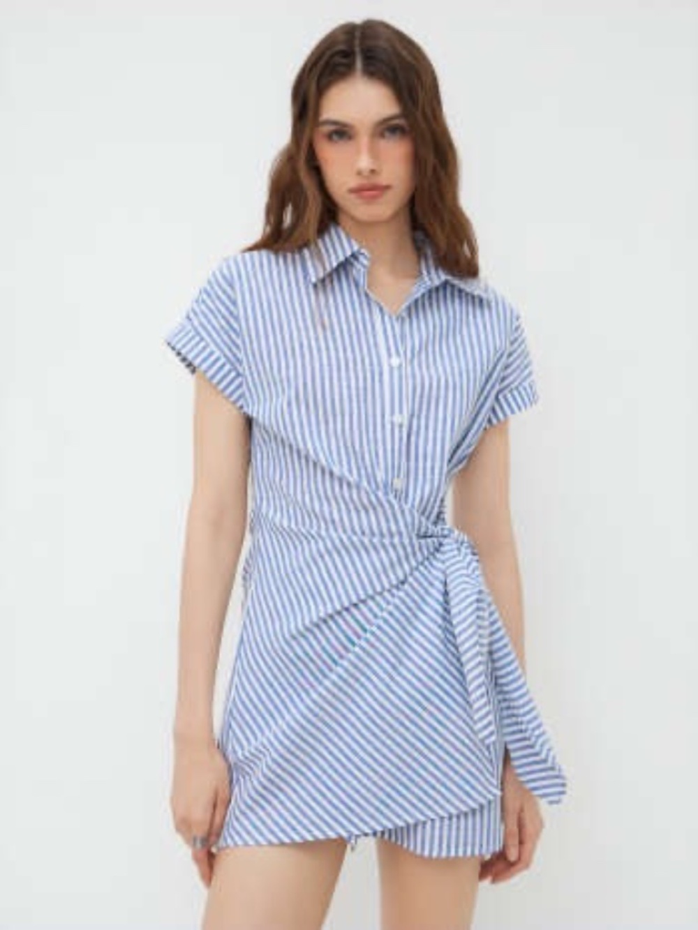 Cider Cotton-blend Polo Collar Striped Draped Mini Dress Size L/8